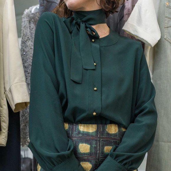 Lanvin AW20 Green Silk Neck-Tie Blouse